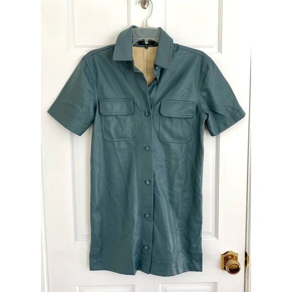 7 For All Mankind Faux Leather Button Down Shirt Collar Dress Blue Tuckernuck XS - Picture 2 of 8